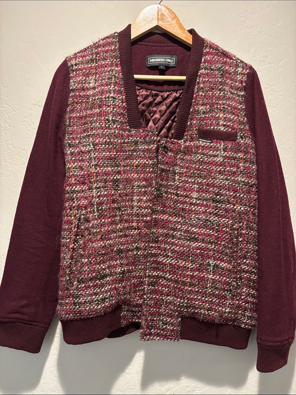 Members Only Burgundy Tweed Bomber-Style Jacket